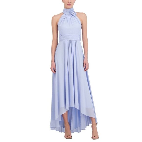 Eliza J Women's Size 10 Petite Blue Chiffon Ruched Halter Cocktail Midi Dress - Picture 1 of 11